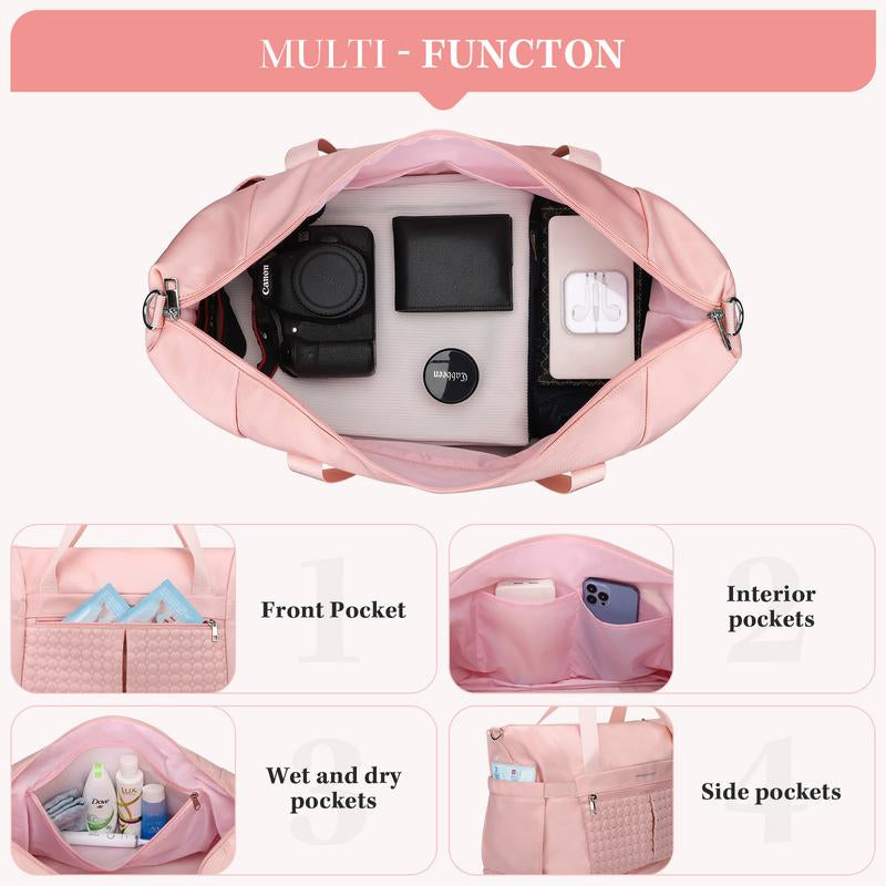 40L Women's Waterproof Duffel Bag with Shoe & Wet Pockets for Gym, Travel & Yoga (White, Black & Pink)