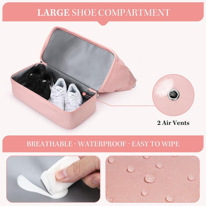 40L Women's Waterproof Duffel Bag with Shoe & Wet Pockets for Gym, Travel & Yoga (White, Black & Pink)