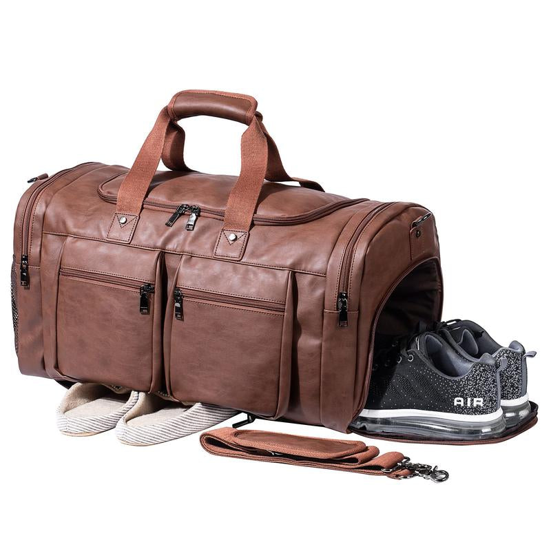 Large Waterproof PU Leather Duffel Bag with Shoe Pouch (Brown)
