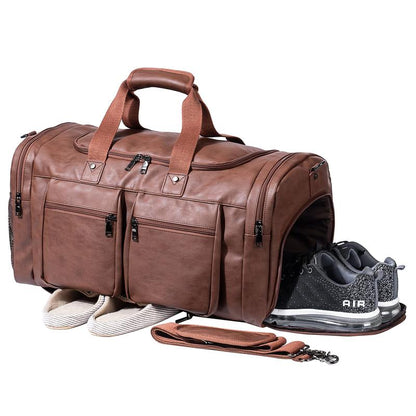 Large Waterproof PU Leather Duffel Bag with Shoe Pouch (Brown)