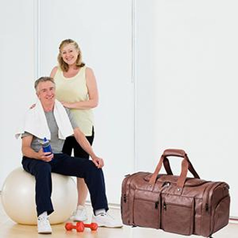 Large Waterproof PU Leather Duffel Bag with Shoe Pouch (Brown)