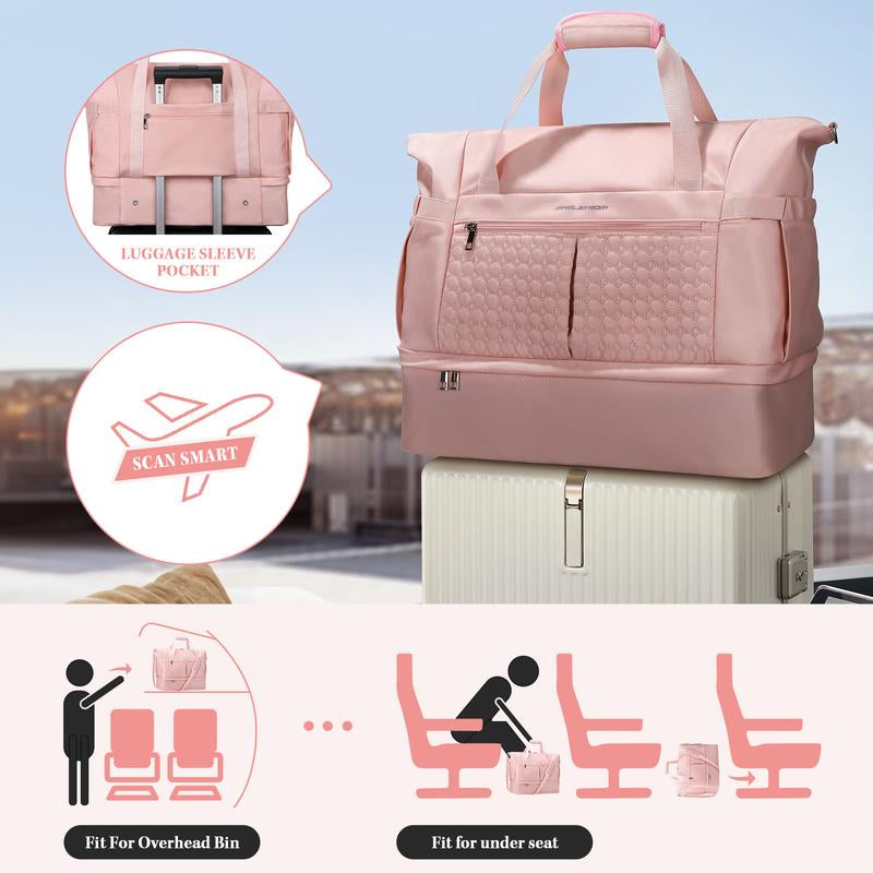 40L Women's Waterproof Duffel Bag with Shoe & Wet Pockets for Gym, Travel & Yoga (White, Black & Pink)