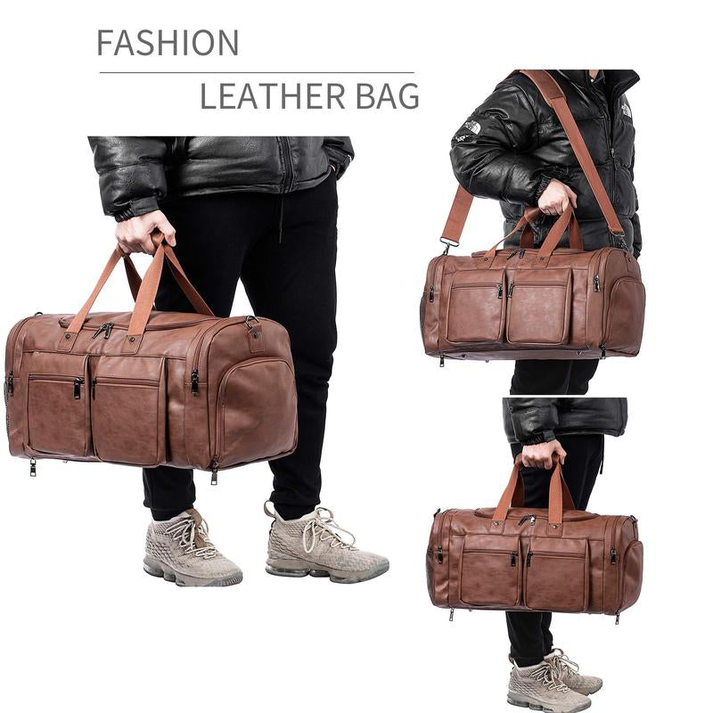 Large Waterproof PU Leather Duffel Bag with Shoe Pouch (Brown)