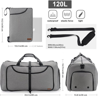 120L Foldable Waterproof Travel Duffel with Shoe Compartment (Gray)