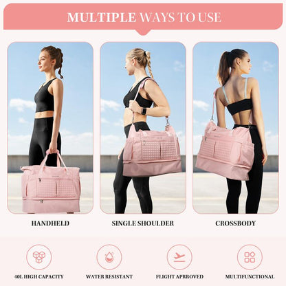 40L Women's Waterproof Duffel Bag with Shoe & Wet Pockets for Gym, Travel & Yoga (White, Black & Pink)