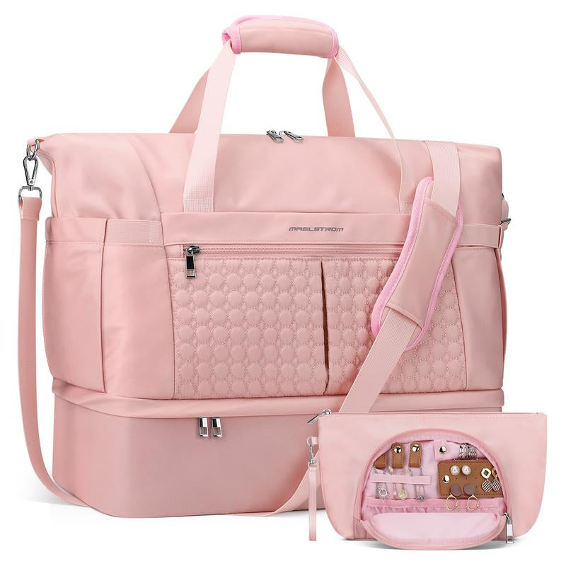 40L Women's Waterproof Duffel Bag with Shoe & Wet Pockets for Gym, Travel & Yoga (White, Black & Pink)