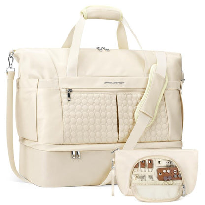 40L Women's Waterproof Duffel Bag with Shoe & Wet Pockets for Gym, Travel & Yoga (White, Black & Pink)