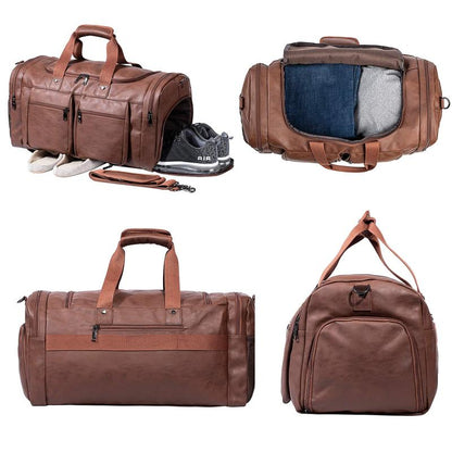 Large Waterproof PU Leather Duffel Bag with Shoe Pouch (Brown)