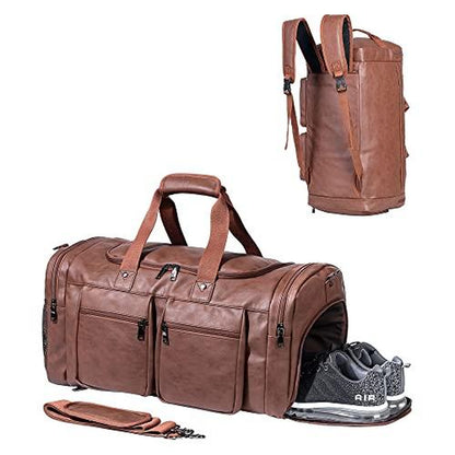 Large Waterproof PU Leather Duffel Bag with Shoe Pouch (Brown)