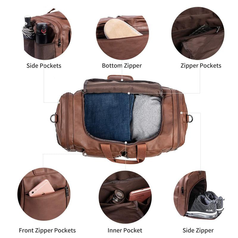 Large Waterproof PU Leather Duffel Bag with Shoe Pouch (Brown)